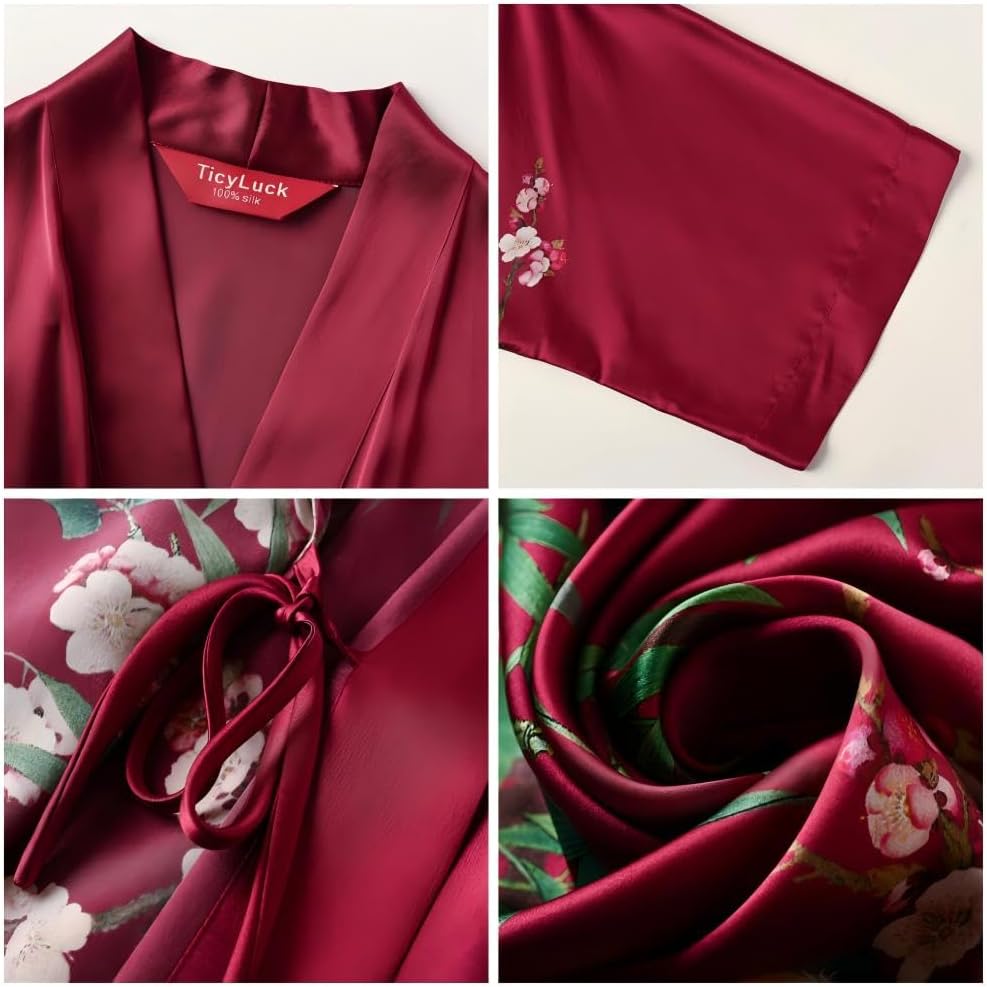 Women's Silk Kimono Robe Long Bathrobe Nightgown 100% Mulberry Silk for Women - Classic Floral Pattern