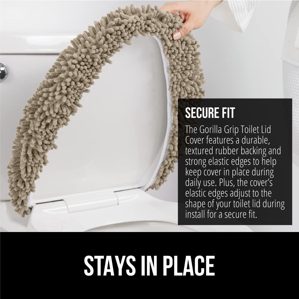 GORILLA GRIP Soft Chenille Bathroom Toilet Lid Cover, Machine Washable Seat Covers, 19.5x18.5, Stays in Place Rubber Backing, Fits Most Round, Elongated and Oblong Lids, Accessories Decor, Gray Beige