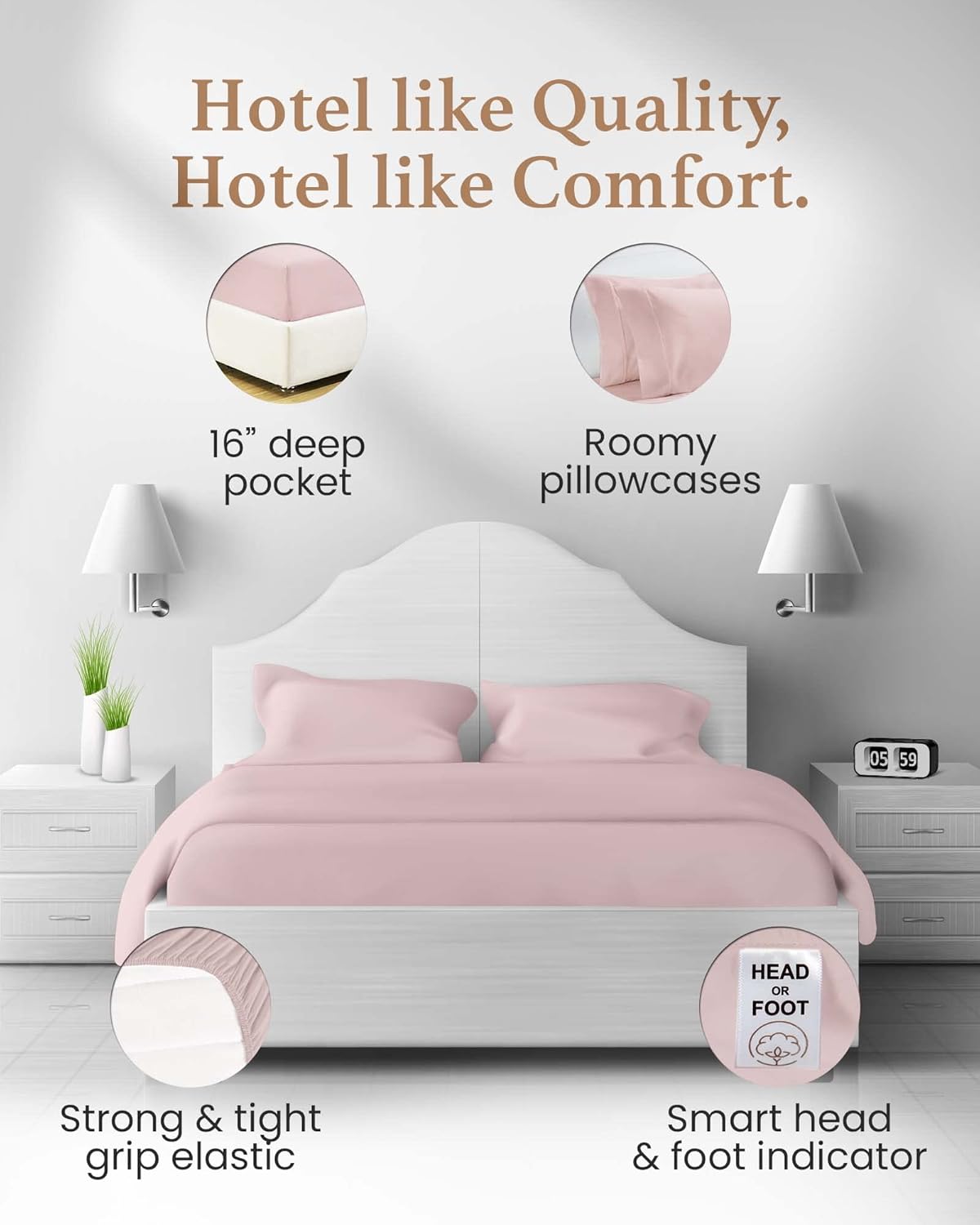 Good Sleep Bedding Split King Sheets Sets for Adjustable Bed Cotton, Luxury Sheets, Egyptian Cotton Sheets, 5 Piece 100% Cotton Split King Sheet Set, Sateen Sheetss, 2 Fitted - 16" Deep Pocket, Blush