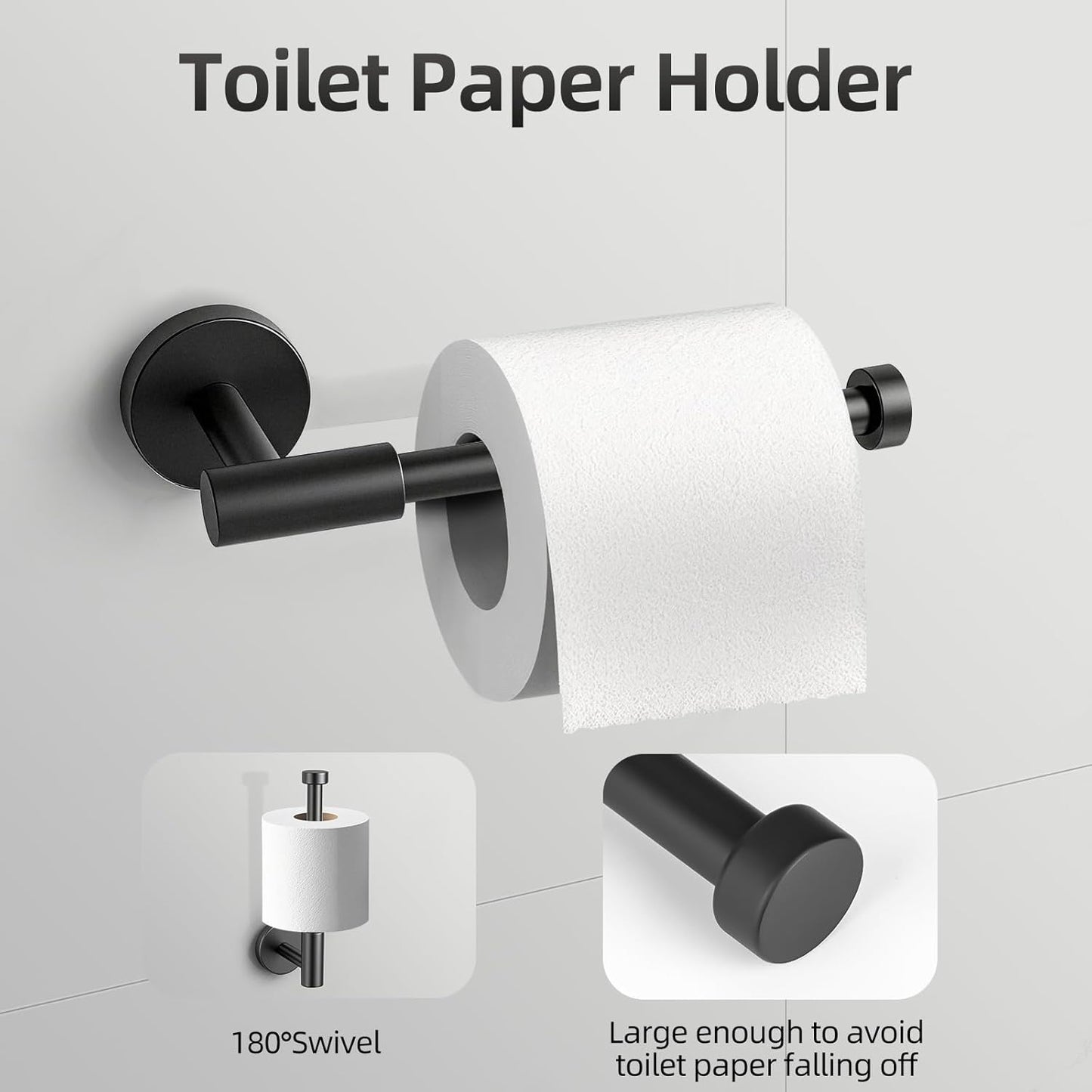 Matte Black Bathroom Hardware Accessories Set 5 Pieces, SUS304 Stainless Steel Bathroom Towel Bar Toilet Paper Holder Set Wall Mounted-19 Inch Towel Bar, Toilet Paper Holder, Towel Hooks, Towel Ring