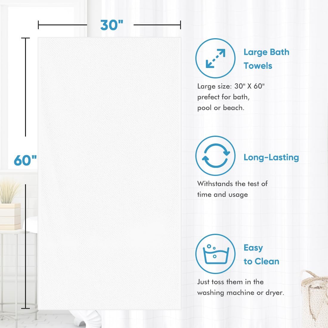 HOMEXCEL Bath Towel Set Pack of 4, 30 x 60 Inches Large Microfiber Bath Towels, Soft, Absorbent, and Quick Dry Towels for Bathroom, Pool, Beach, Swim, and Yoga, Large Bathroom Towels, White