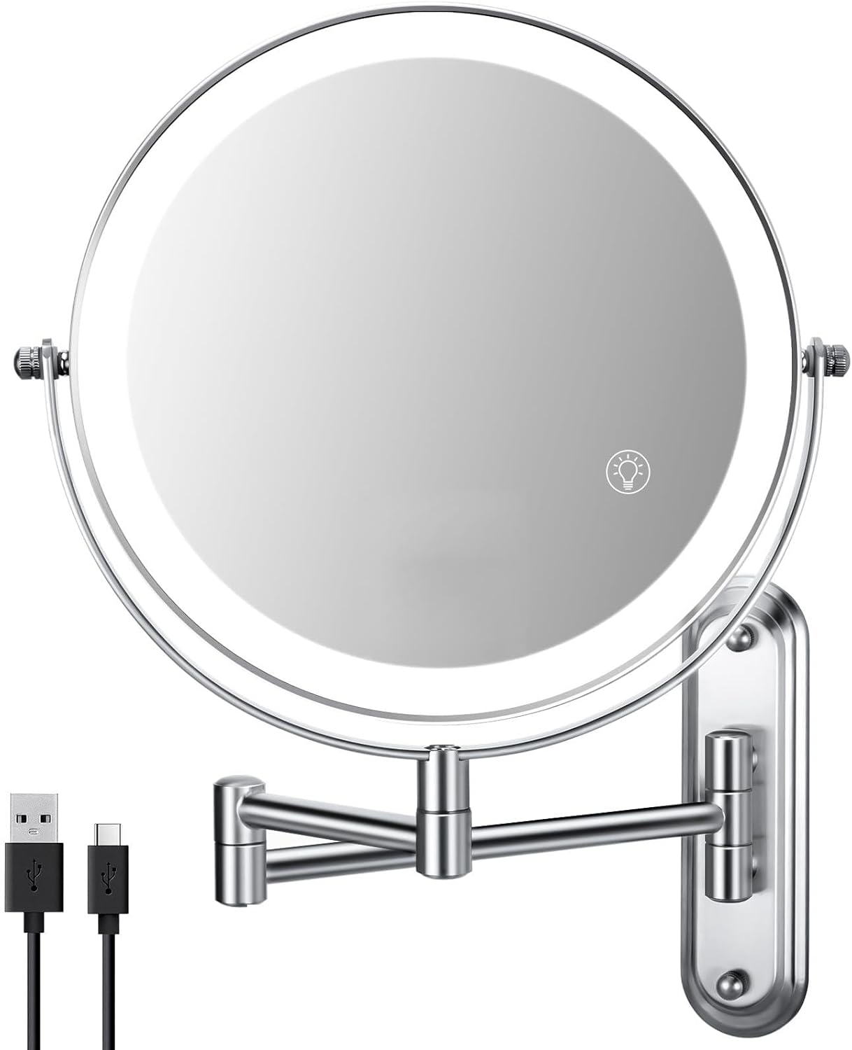 30X Wall Mounted Makeup Mirror, 3 Color Modes & Adjustable Light, Bathroom Vanity Makeup Mirror with 360 Rotation Extendable Swivel Arm,Double Side Magnifying Mirror - Chrome