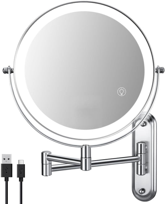 30X Wall Mounted Makeup Mirror, 3 Color Modes & Adjustable Light, Bathroom Vanity Makeup Mirror with 360 Rotation Extendable Swivel Arm,Double Side Magnifying Mirror - Chrome