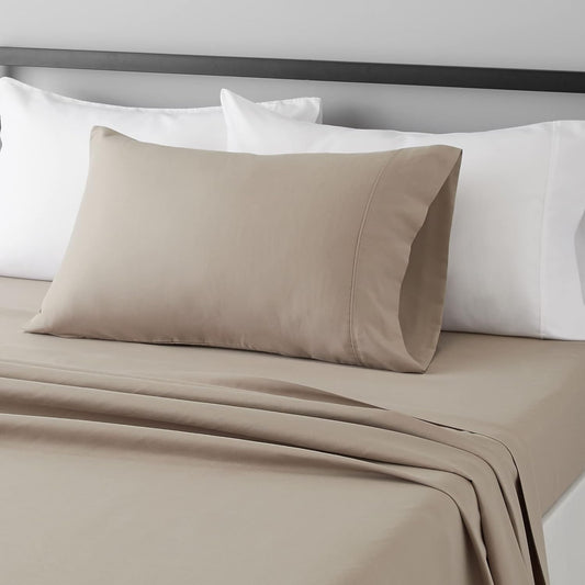 Amazon Basics Lightweight Super Soft Easy Care Wrinkle Free Microfiber 3 Piece Bed Sheet Set with 14-Inch Deep Pockets, Twin, Taupe, Solid, Kids, Men & Women Bedding