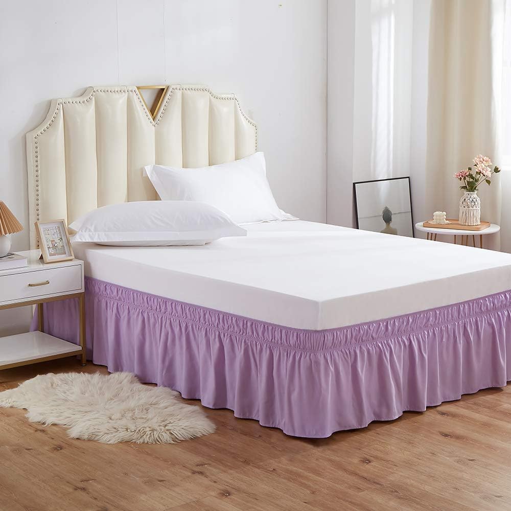 MEILA Wrap Around Bed Skirt Three Fabric Sides Elastic Dust Ruffled 16 Inch Tailored Drop,Easy to Install Fade Resistant-Light Purple, Queen/King