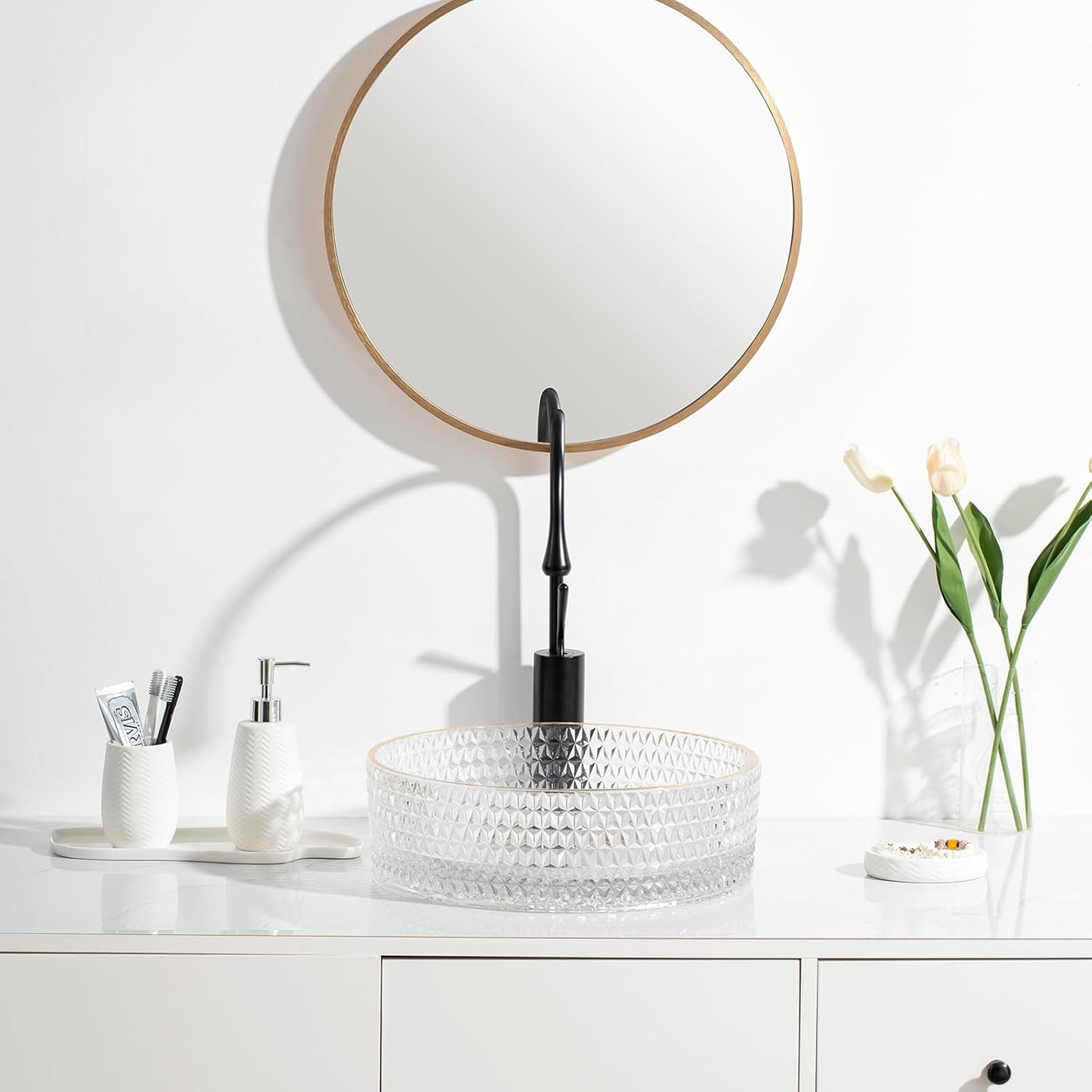 White Bathroom Accessories Set, 3pcs Ceramic Wave Design Farmhouse Decor, Complete countertop Bathroom Decor with soap Dispenser，Toothbrush Holder and soap Dish for Stylish Bathroom Organization
