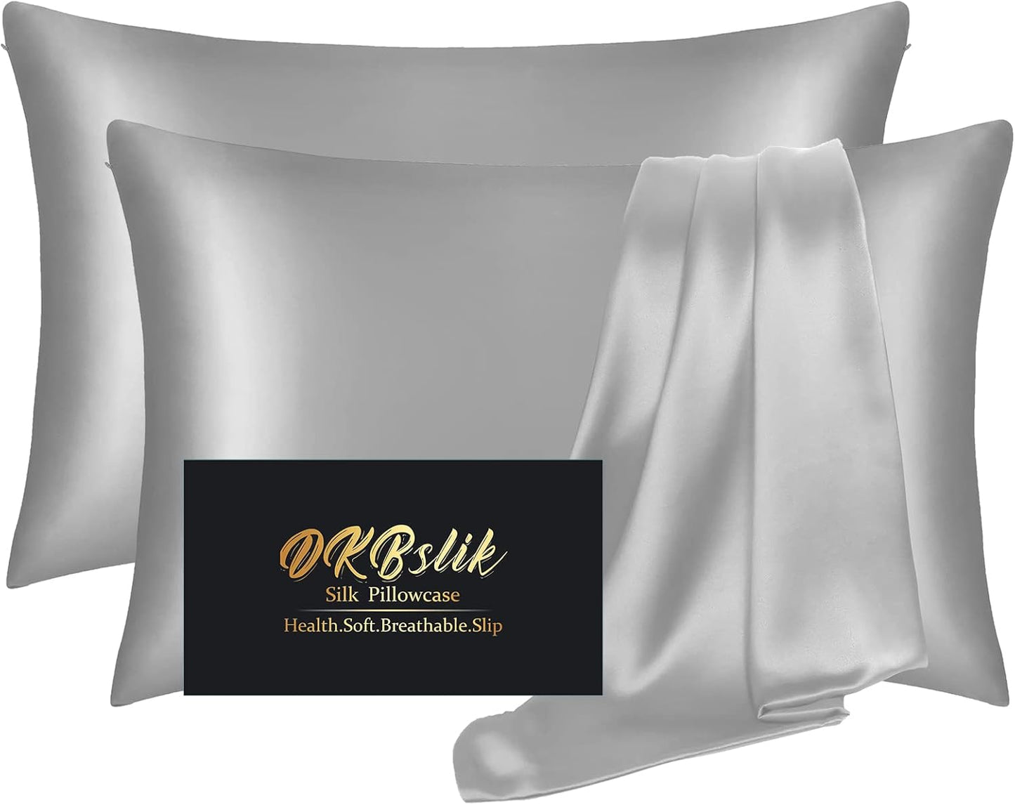 Silk Pillow Cases 2 Pack, Mulberry Silk Pillowcases Standard Set of 2, Health, Smooth, Anti Acne, Beauty Sleep, Both Sides Natural Silk Satin Pillow Cases for Women 2 Pack with Zipper for Gift, Grey