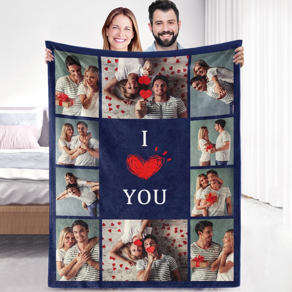 Custom Sherpa Fleece Blanket with Photos Text - Soft, Warm & Fuzzy Personalized Couples Gifts for Boyfriend, Girlfriend - Customized Picture Blanket for Birthday, Anniversary, Christmas