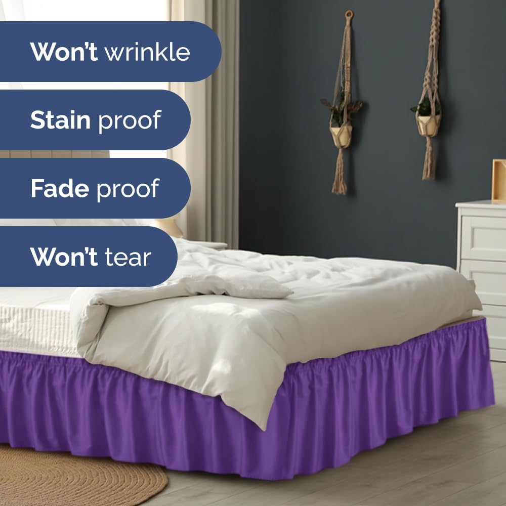 Wrap Around Dust Ruffle Bed Skirt - Purple - for Queen Size Beds with 21 Inch Drop - Easy Fit Elastic Strap - Adjustable Pleated Bedskirt w/Brushed Fabric Wrinkle Free - for Women, Men, Kids & Teens