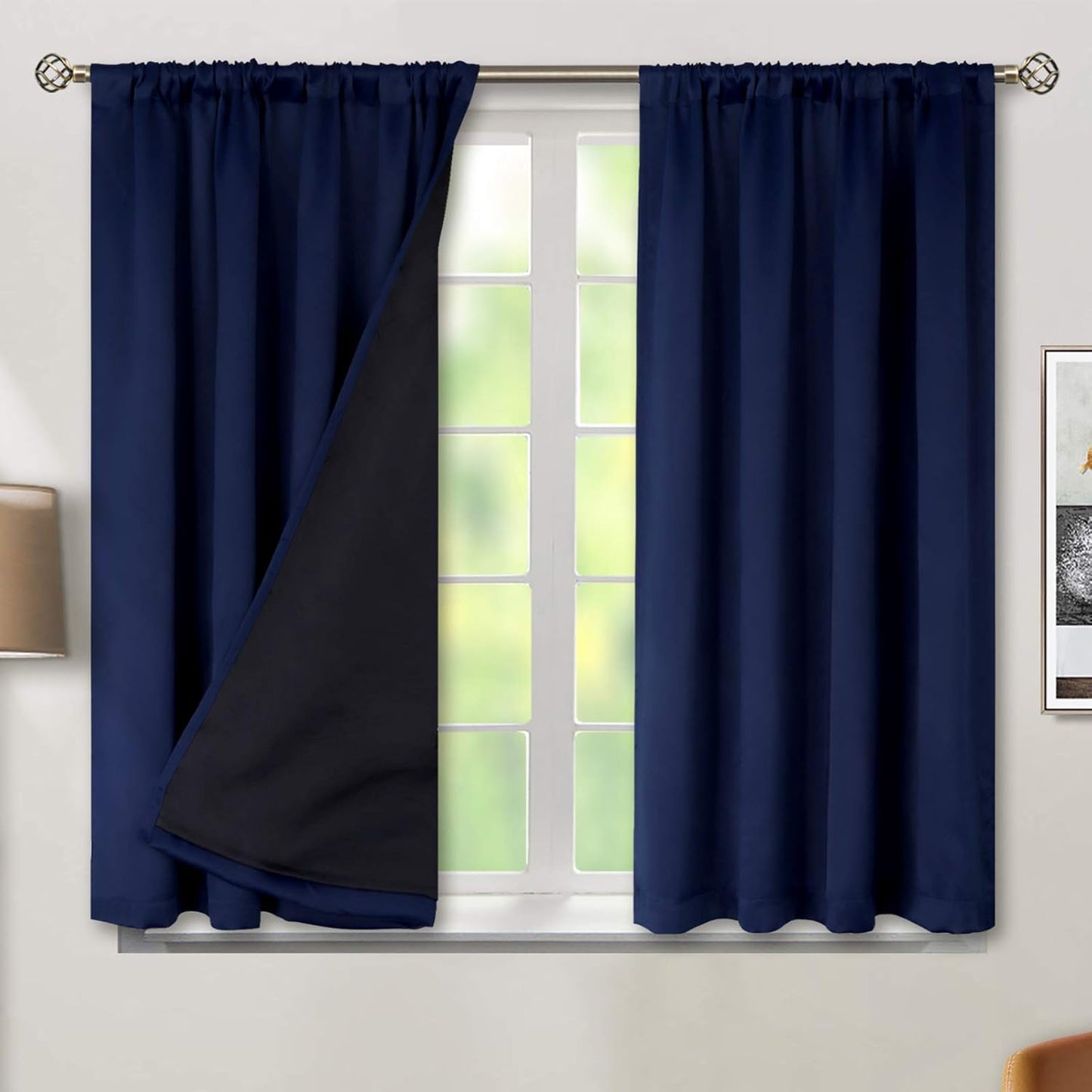 BGment Thermal Insulated 100% Blackout Curtains for Bedroom with Black Liner, Double Layer Full Room Darkening Noise Reducing Rod Pocket Curtain (52 x 54 Inch, Navy Blue, 2 Panels)