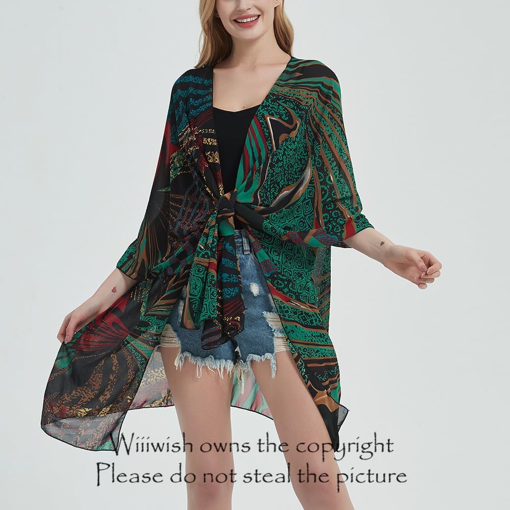 Women's Bohemian Floral Chiffon Beach Cover up Swimsuit Kimono Summer Swimwear Cardigans