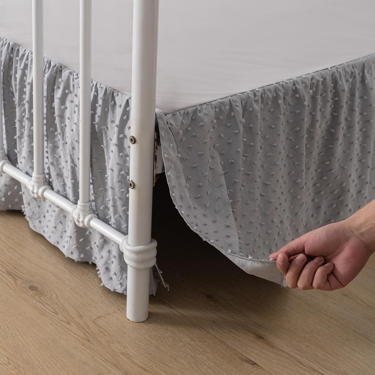 Tufted Dot Bed Skirt King Size Ruffled Bed Skirt with Split Corners, 18 Inch Drop Dust Ruffle Bed Skirts with Platform, Light Grey