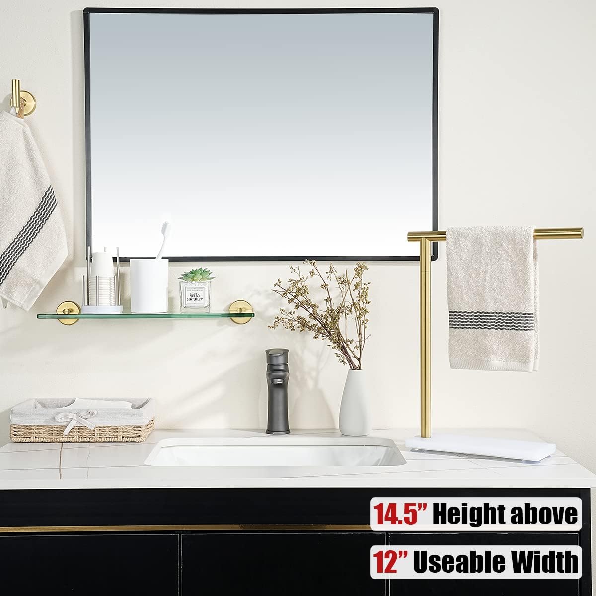 JQK Hand Towel Holder Stand Brushed Gold, Modern Tree Rack Free Standing for Countertop with 12 Inch Bar, 304 Stainless Steel Thicken 0.8mm White Base, HTT170-WG