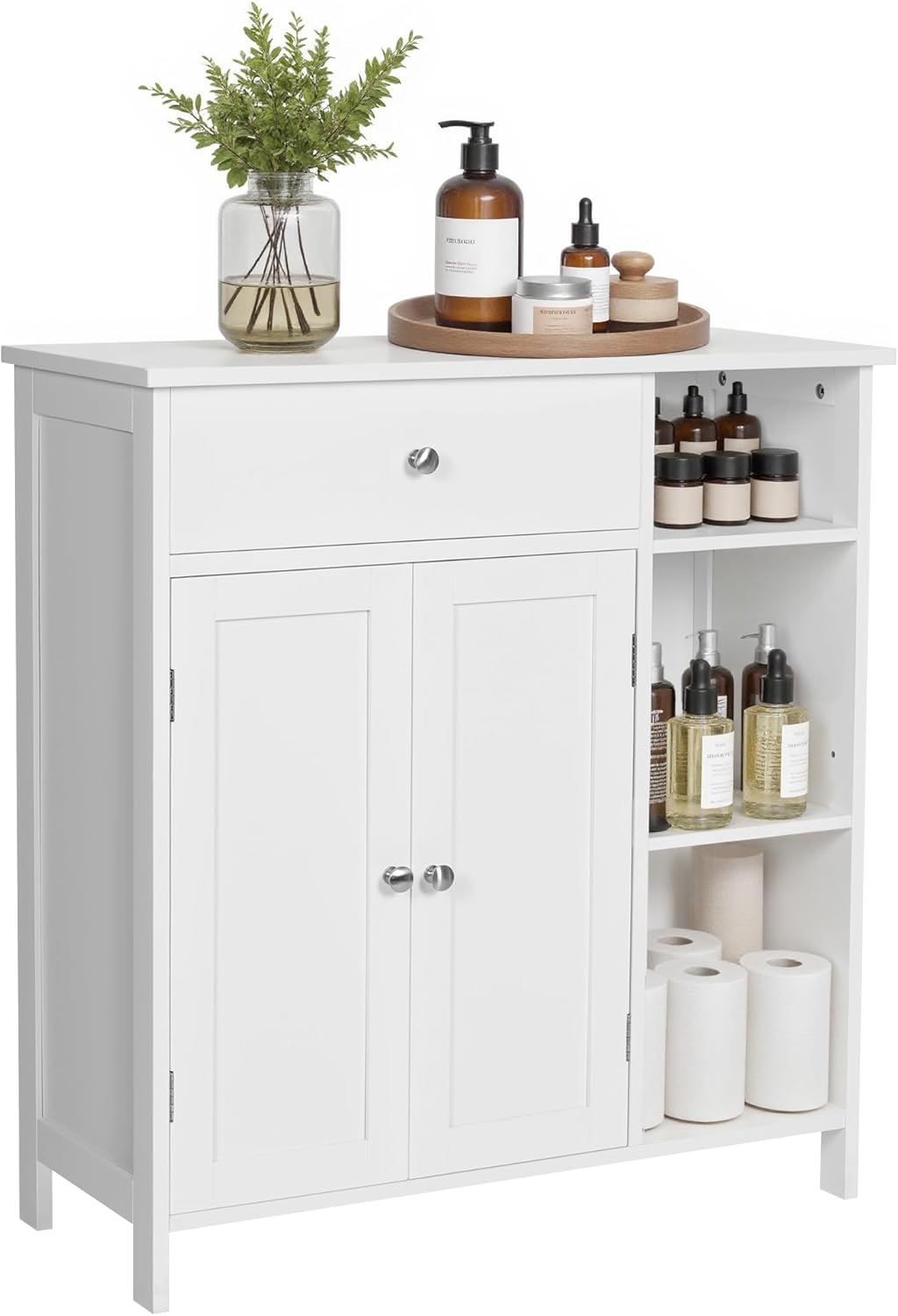 VASAGLE Floor Storage Cabinet with Drawer, Freestanding Cabinet with Doors, 3 Open Compartments, Adjustable Shelves, 11.8 x 29.5 x 31.5 Inches, for Bathroom, Living Room, Cloud White UBBC142W01