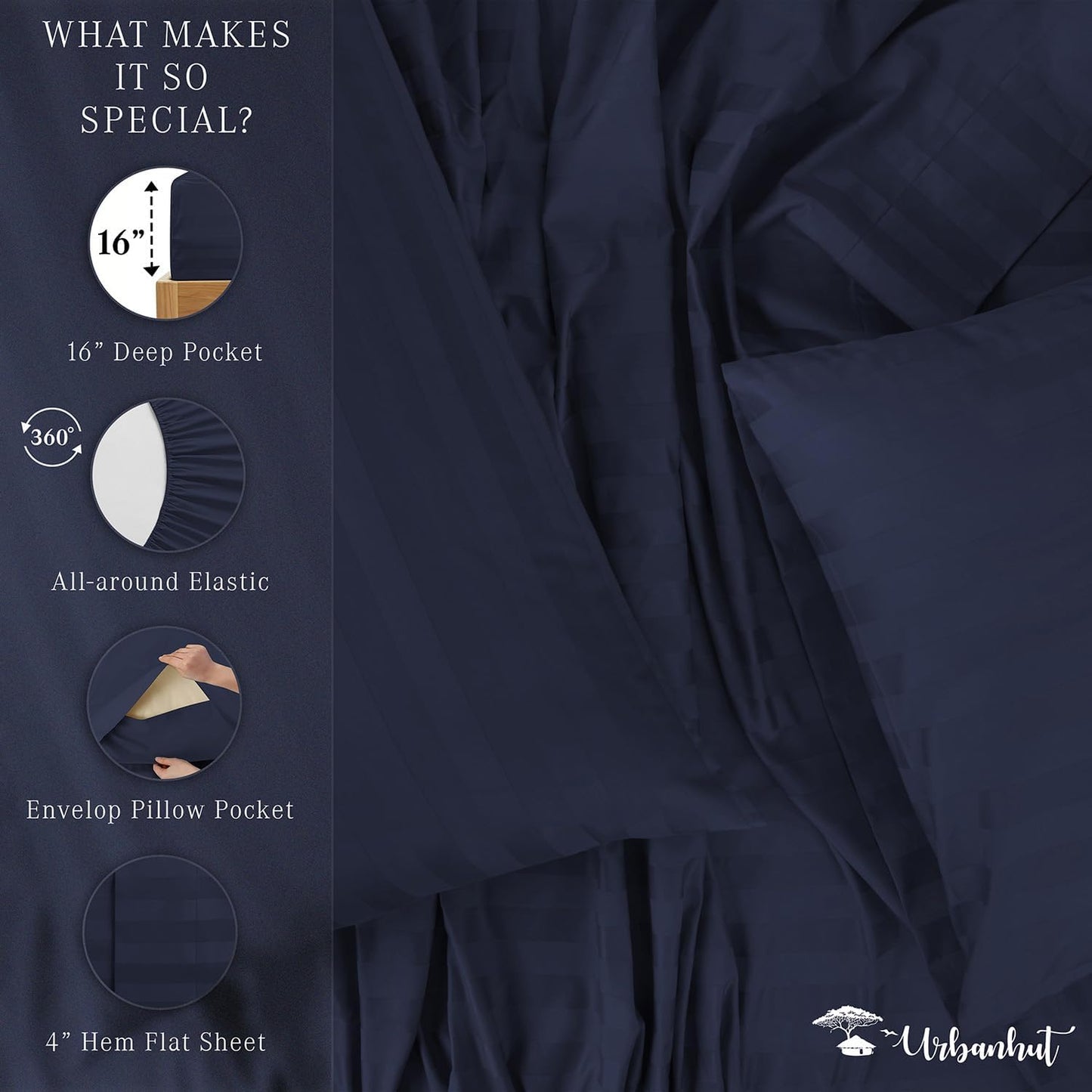 URBANHUT 1000 Thread Count Damask Striped Full Sheet Set Egyptian Cotton Sheets, Long Staple Soft & Breathable, 4 Pc Bed Sheet Sets, Luxury Hotel Sateen Sheets Fits 16" Deep Pocket - Navy Blue