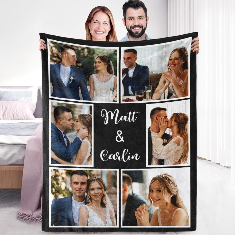 Custom Sherpa Fleece Blanket with Photos and Text - Soft Warm Fuzzy Personalized Couples Gift for Boyfriend Girlfriend - Customized Picture Blanket for Birthday Anniversary Christmas