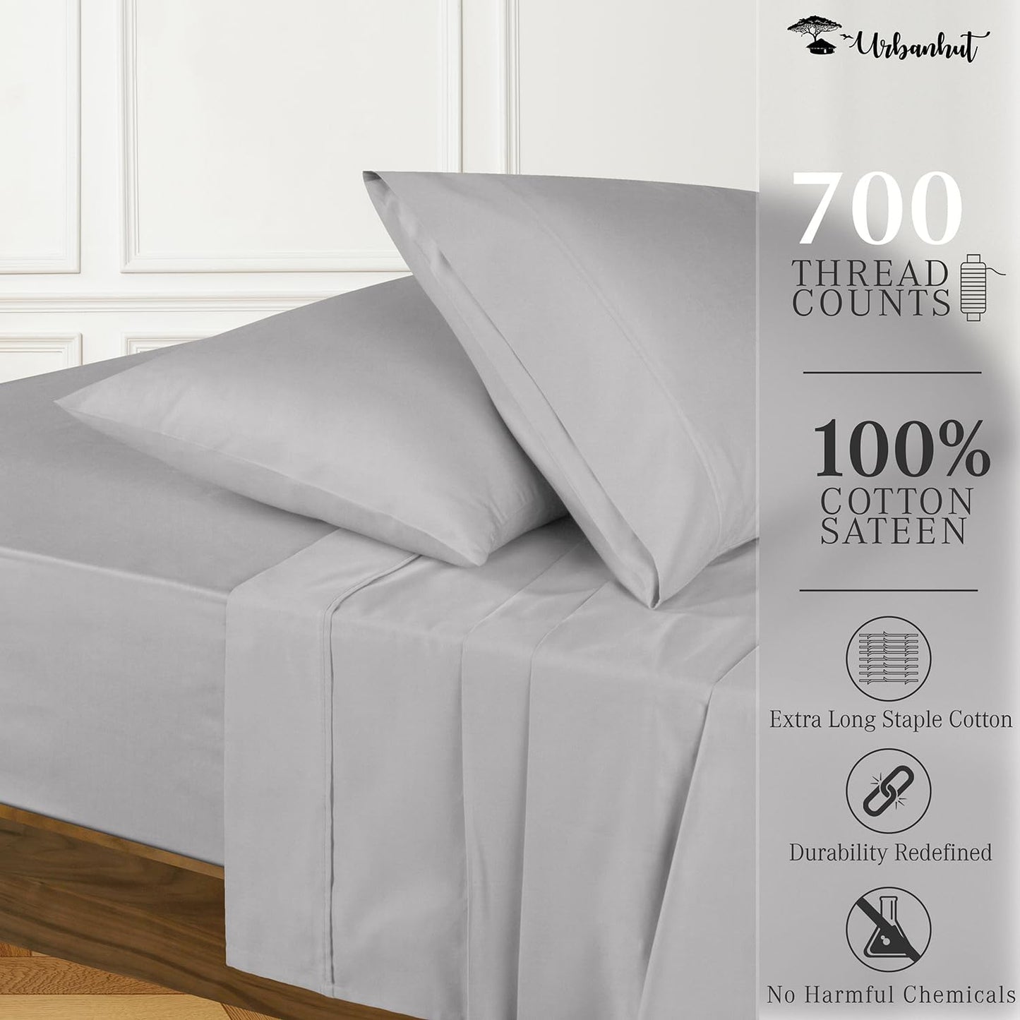 URBANHUT 700 Thread Count Egyptian Cotton Sheets Full Size, 4Pc Sheet Set Soft Luxury Bed Sheets for Full Size Bed, Sateen Weave Hotel Sheets, 14'' Elasticized Deep Pocket - Silver Grey