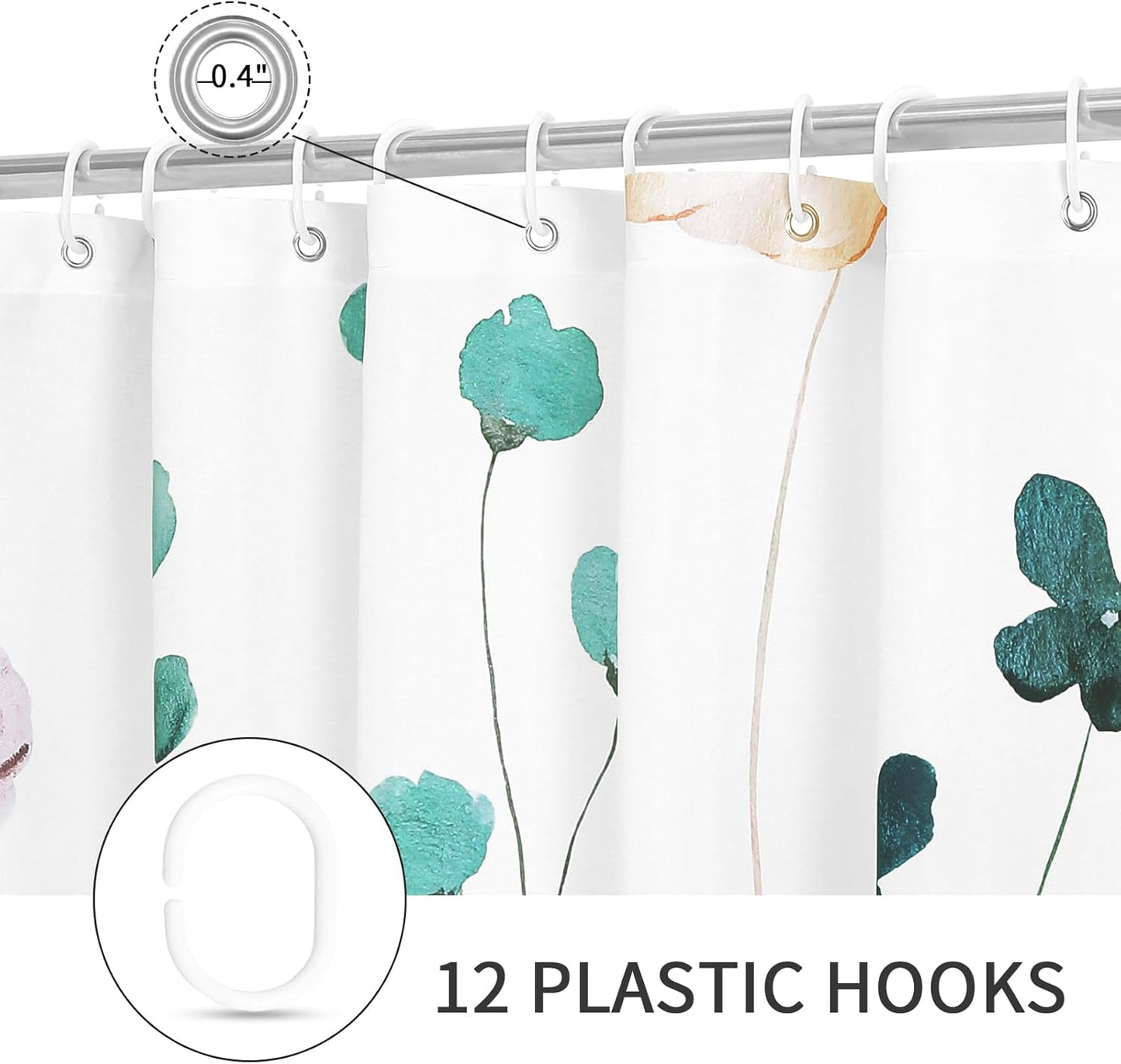 Gibelle Extra Long Shower Curtain 72 x 84, Watercolor Floral Fabric Shower Curtain, Teal Beige Flower Decorative Bathroom Shower Curtain Set with Hooks