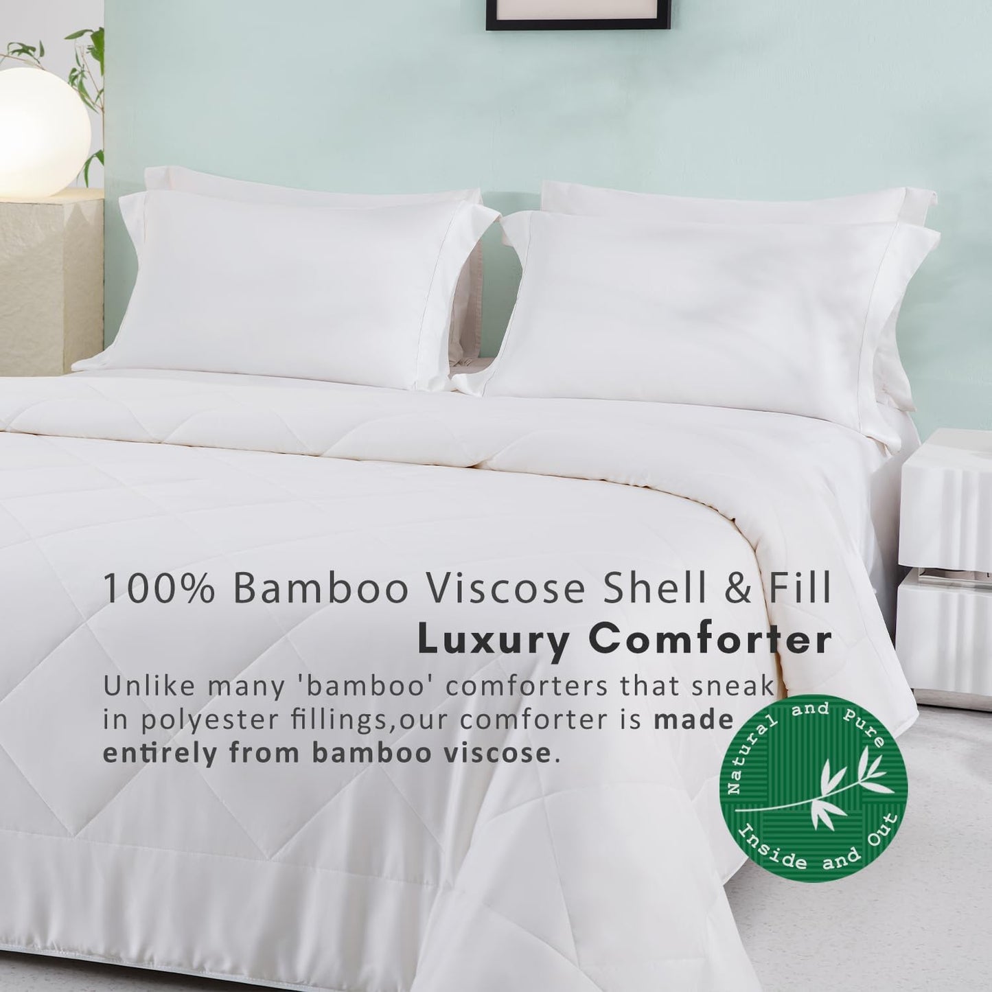 TOSMO Luxury Comforter, 100% Viscose from Bamboo Shell & Fill, Soft Breathable Cooling Silky Duvet Insert, Down Alternative Blanket for Restful Sleep (Queen, Light Weight White)