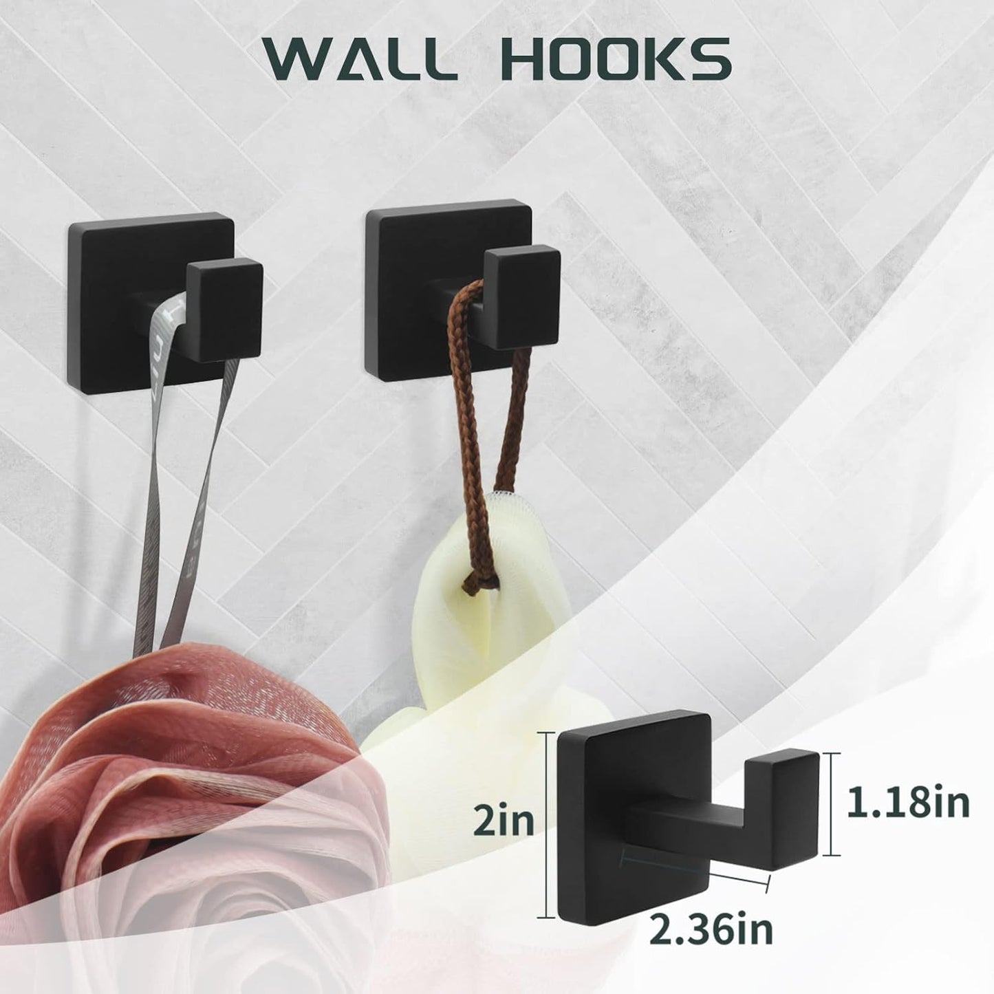 5-Piece Bathroom Hardware Set - Black Towel Bar Set with 2 Towel Hooks, Stainless Steel Wall Mounted Bathroom Towel Rack - Square, 16-Inch