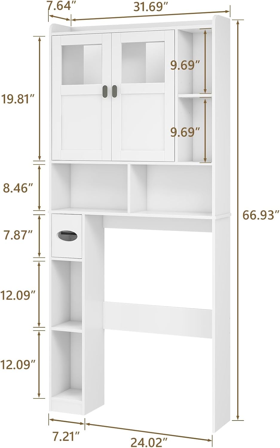 Vabches Over The Toilet Storage Cabinet, Bathroom Shelf Over Toilet with Glass Doors and Adjustable Shelves, White Freestanding Home Space Save Toilet Rack for Restroom, Bathroom, Laundry