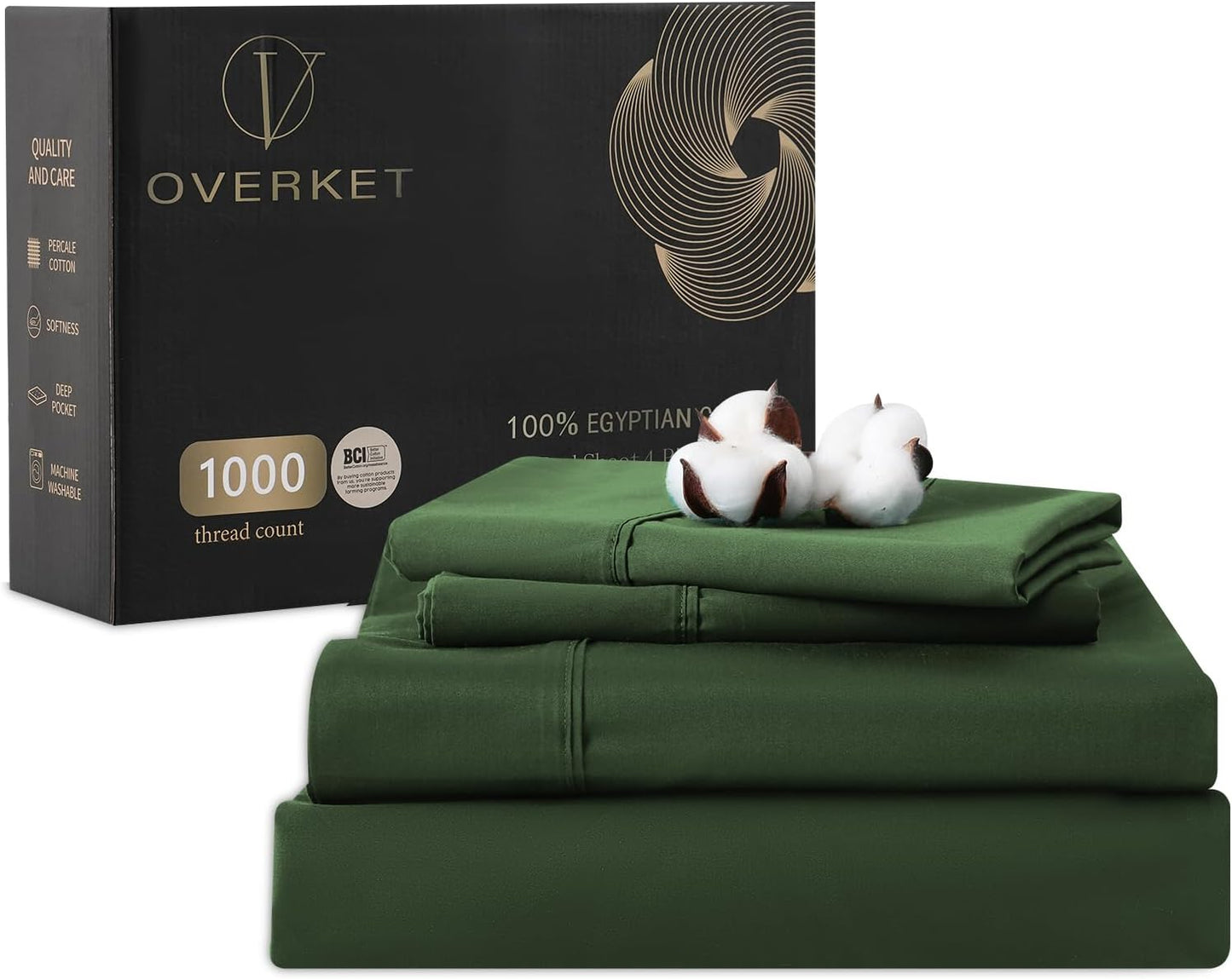 100% Egyptian Cotton Sheets King Size 1000 Thread Count Sateen Weave Soft Breathable 16-Inch Deep Pocket 4PCS（King,Forest Green）