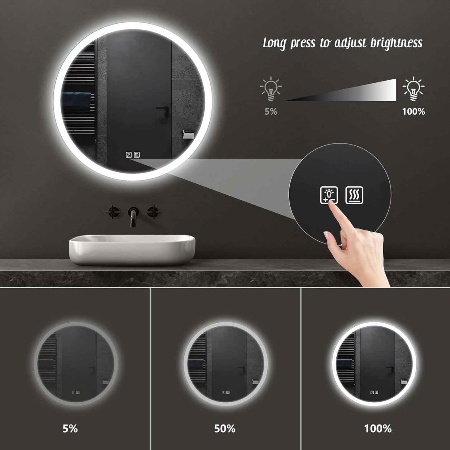 APRILSOUL 44 Inch Round LED Bathroom Vanity Mirror with Front and Backlit, Led Mirror with Anti-Fog, 3 Colors and Dimmable Light