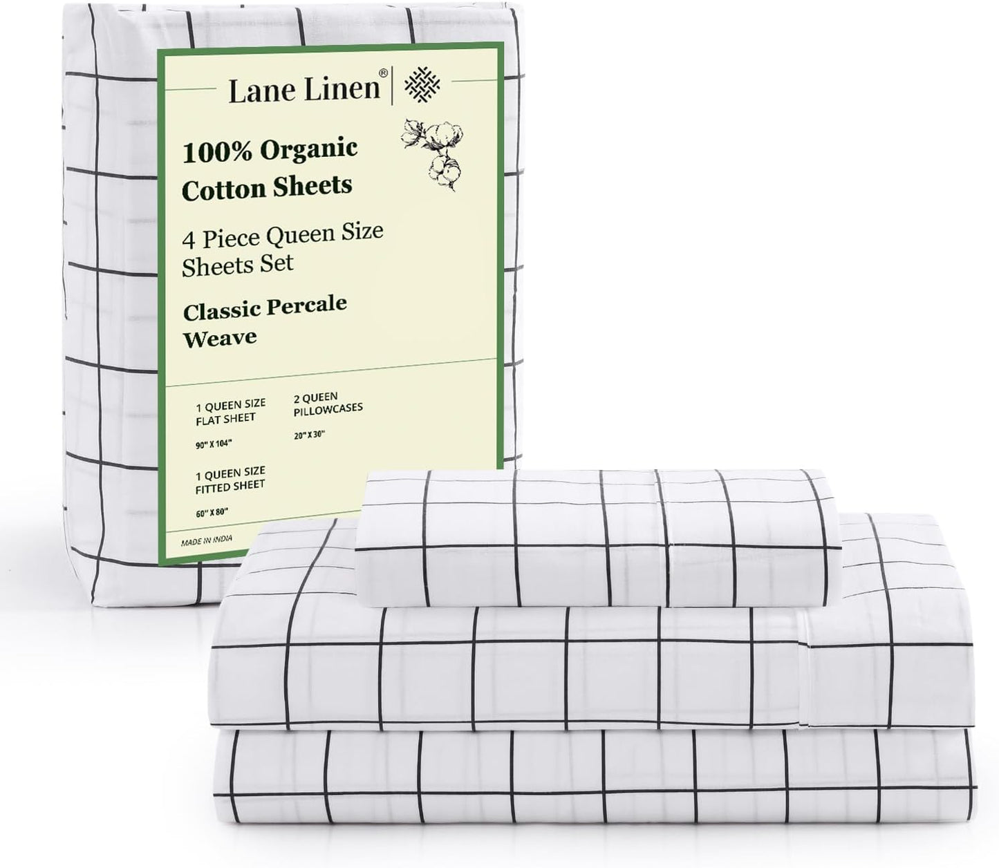 LANE LINEN 100% Organic Cotton Queen Bed Sheet, Fade Resistant Printed Cotton Sheets Low Pill Soft & Comfy Machine Washable Queen Size Deep Pockets Fits Upto 15" - Windowpane