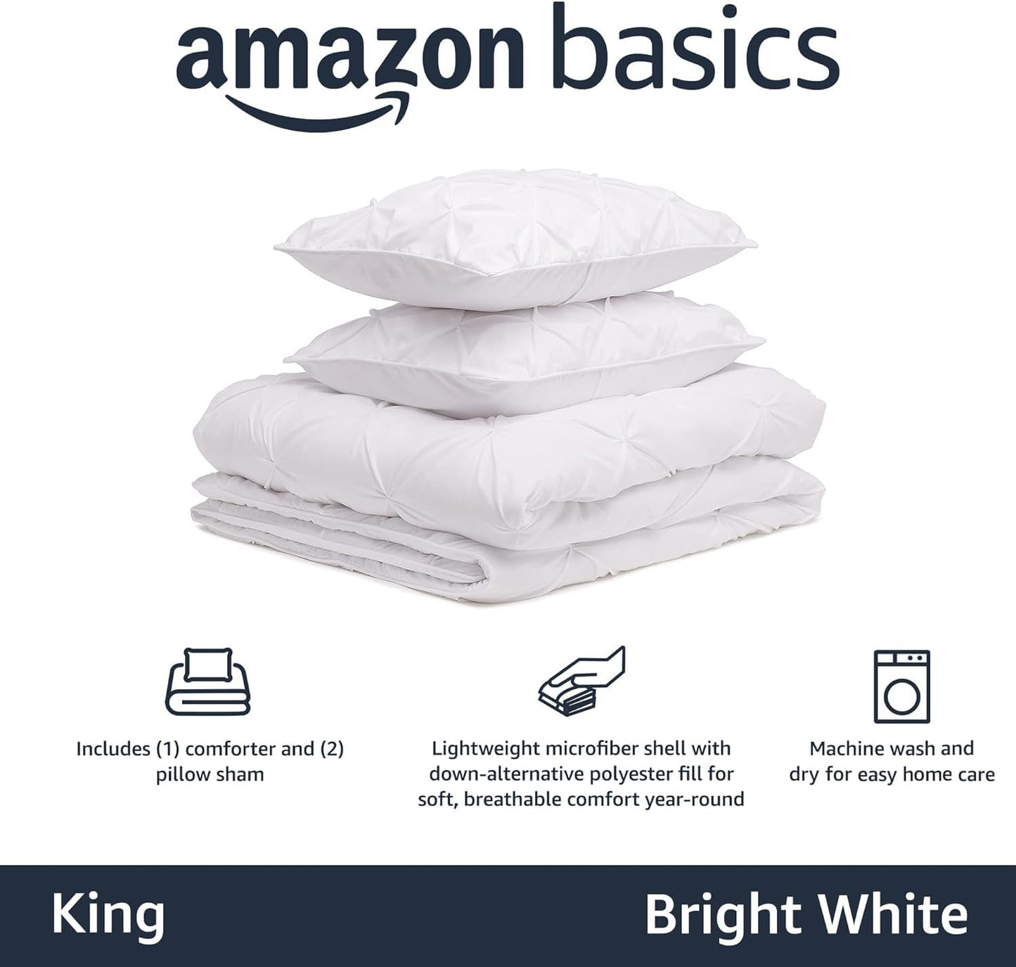 Amazon Basics King Size Soft, Lightweight Comforter Sets, All-Season Down-Alternative 3-Piece Bedding Set, Pinch Pleat Design, Bright White