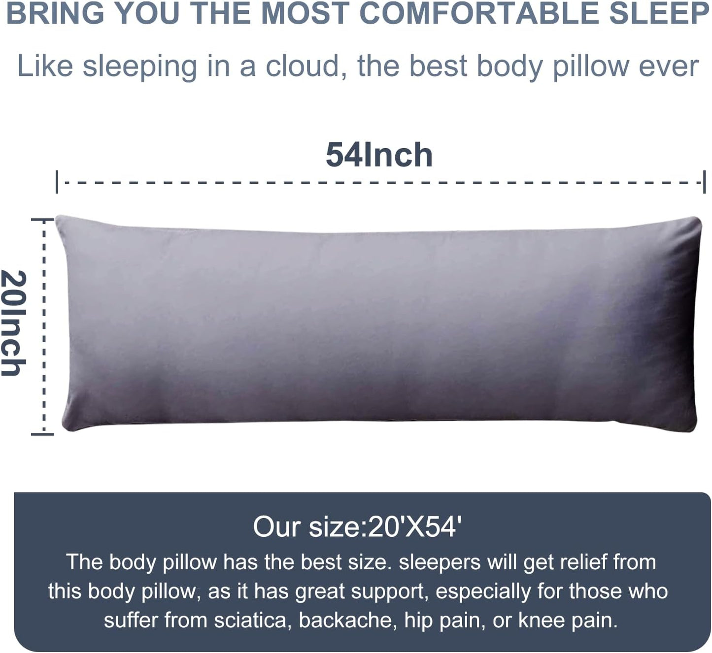 DOWNCOOL Large Body Pillow Insert- Breathable Full Body Pillow for Side Sleeper - Soft Long Bed Pillow for Adults - 20 x 54 inch (Grey)