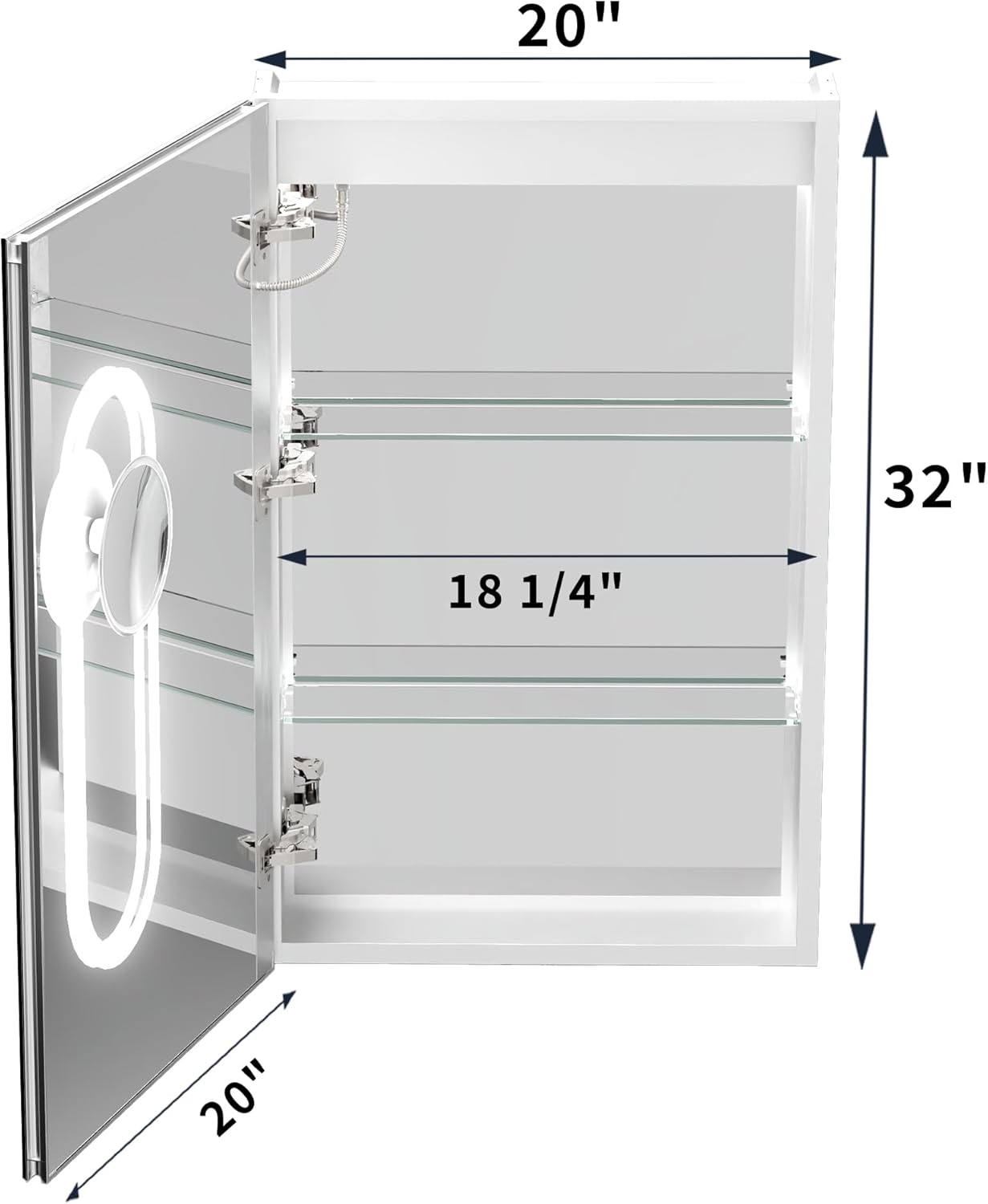 Lighted Medicine Cabinet with Mirror 20"x32" Recessed LED Medicine Cabinet Mirror, Front&Backlit, 3-Color Temperatures，Stepless Dimming, Anti-Fog, Magnifier, 2 Outlets, Storage Shelves, Left Hinge