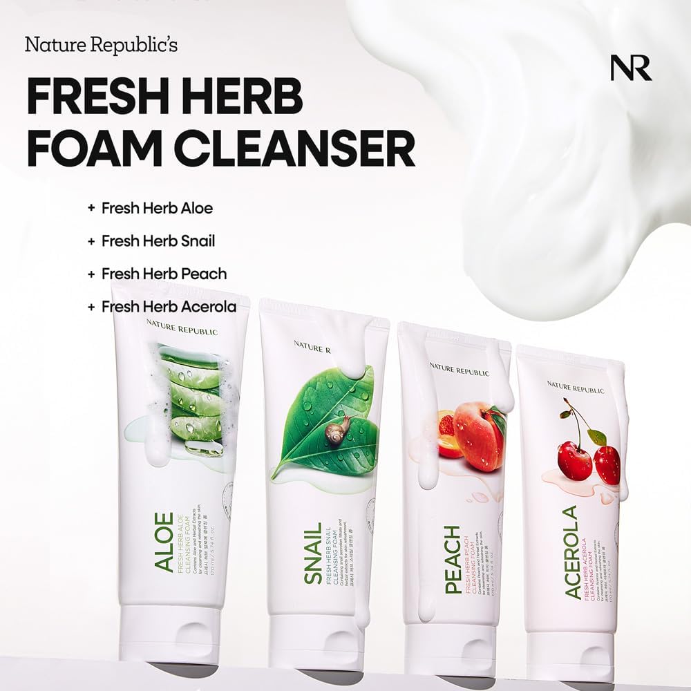 Nature Republic Fresh Herb Acerola cleansing foam Hydration & Moisturizing daily Makeup Remover, Nighttime Foaming Pore Cleansing aloe face wash,Korean Skin Care for All Skin Types 170ml / 5.74 fl Oz