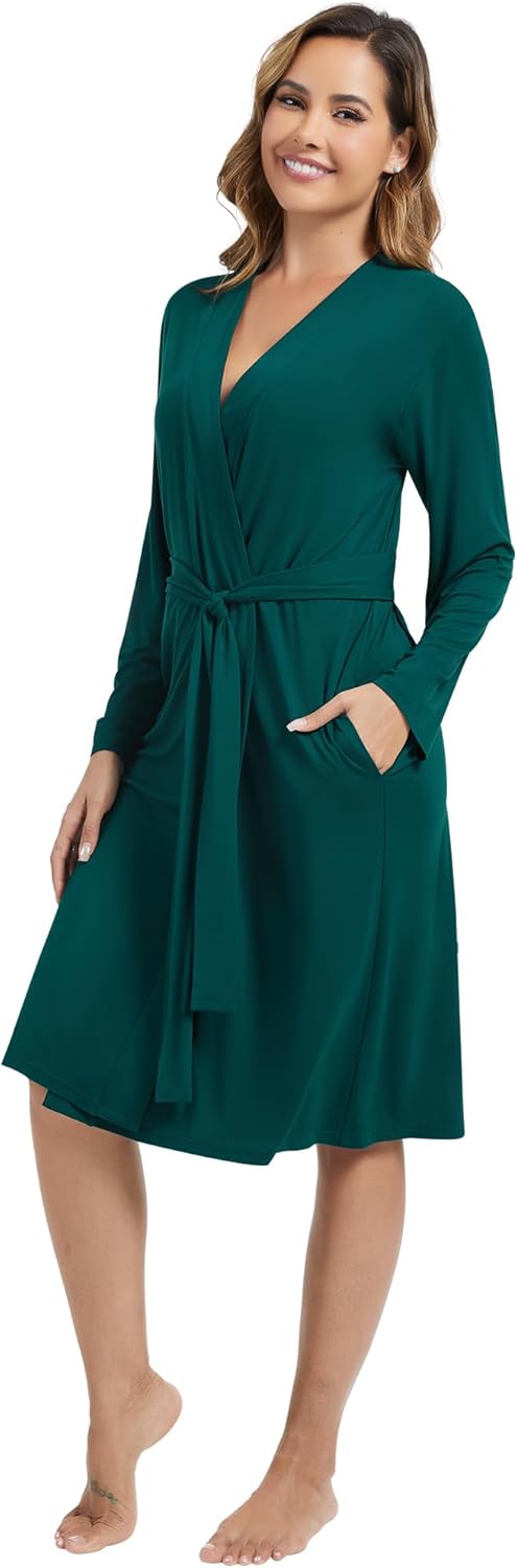 WiWi Women's Robe Long Sleeve Bathrobe with Pockets Soft Kimono Spa Lightweight Robes Bamboo Viscose Loungewear S-XXL