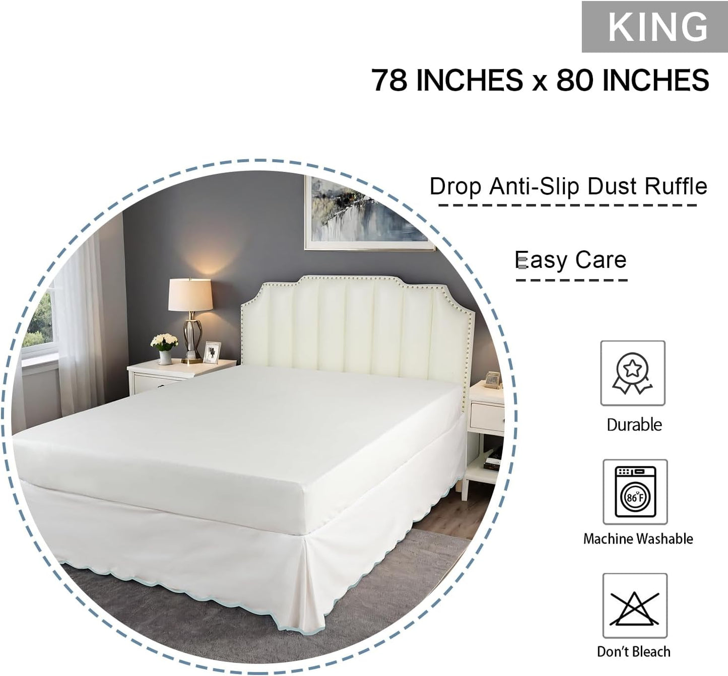 HIG Off White Chic King Bed Skirt - Easy Fit Scallop Edge Pleated Bedskirts, 14 Inch Drop Anti-Slip Dust Ruffle, Thick Fabric for Enhanced Privacy, Pre-Washed for Long-Lasting Use(N60022)
