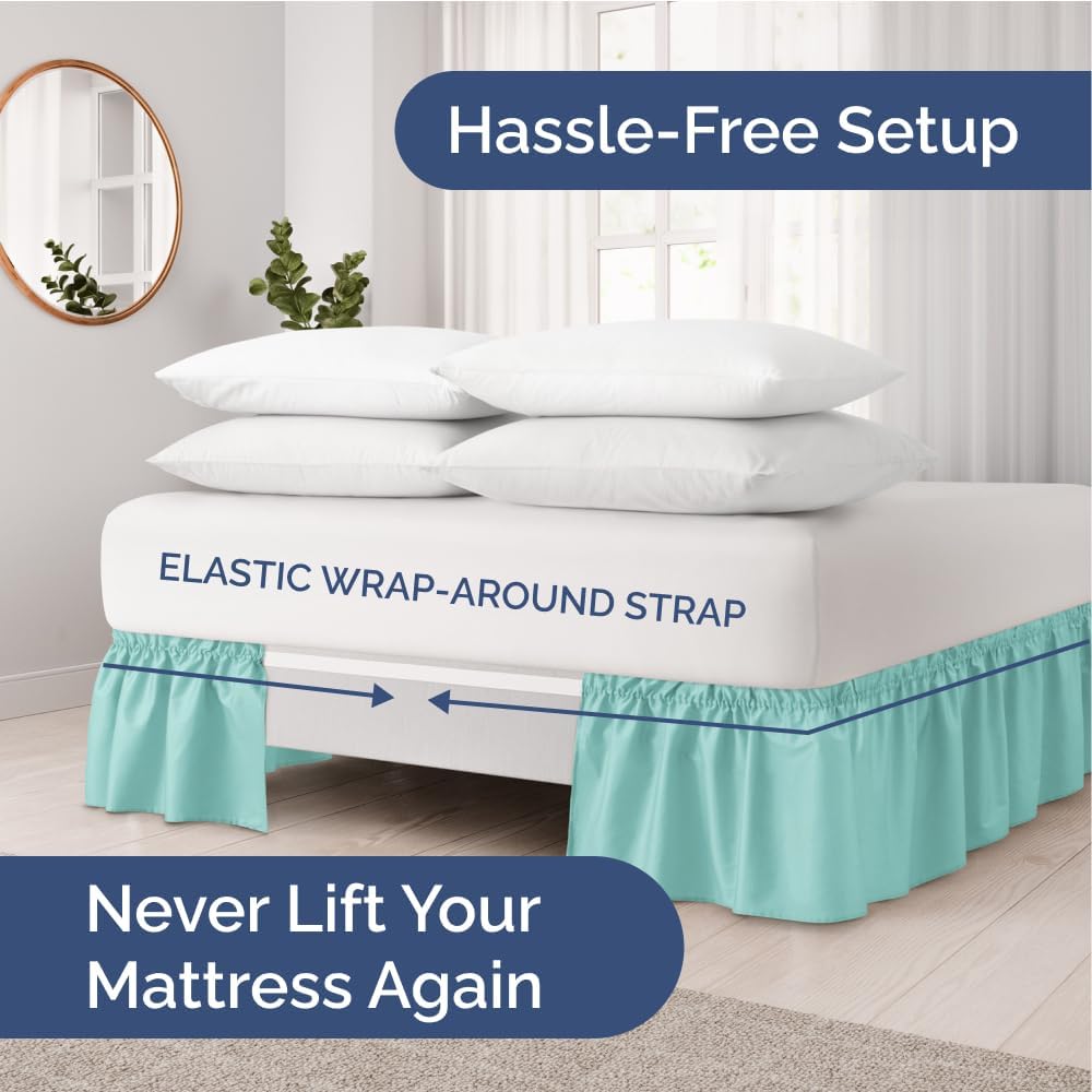 Wrap Around Dust Ruffle Bed Skirt - Spa Blue - Twin/Twin XL Size Beds with 15 Inch Drop - Easy Fit Elastic Strap - Adjustable Pleated Bedskirt w/Brushed Fabric Wrinkle Free - Women, Men, Kids & Teens