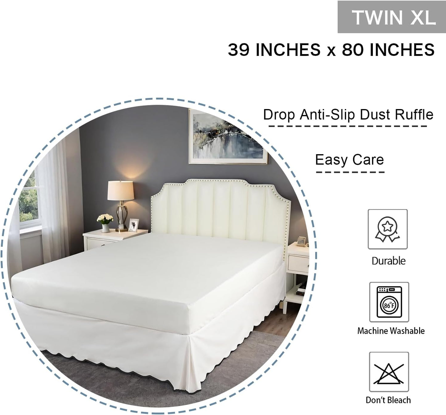 HIG Off-White Chic Twin XL Bed Skirt - Easy Fit Scallop Edge Pleated Bedskirts, 14 Inch Drop Anti-Slip Dust Ruffle, Thick Fabric for Enhanced Privacy, Pre-Washed for Long-Lasting Use(N60022)