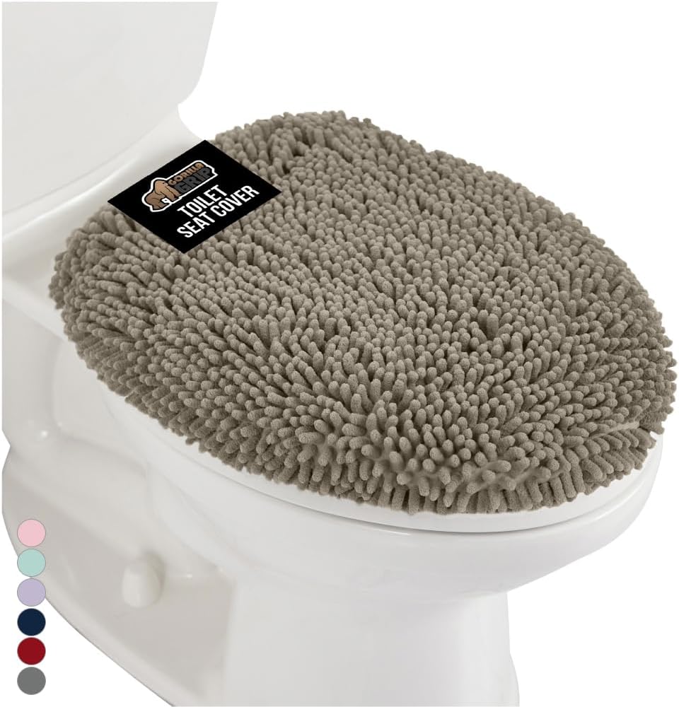 GORILLA GRIP Soft Chenille Bathroom Toilet Lid Cover, Machine Washable Seat Covers, 19.5x18.5, Stays in Place Rubber Backing, Fits Most Round, Elongated and Oblong Lids, Accessories Decor, Latte