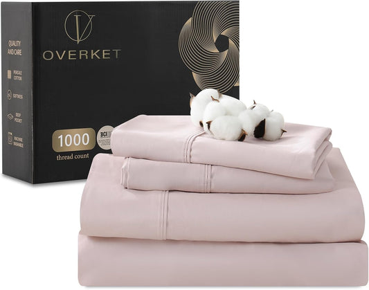 1000 Thread Count Egyptian Cotton Sheets Queen Size Set Sateen Weave Soft Breathable 16-Inch Deep Pocket 4PCS（Queen,Dusty Pink）