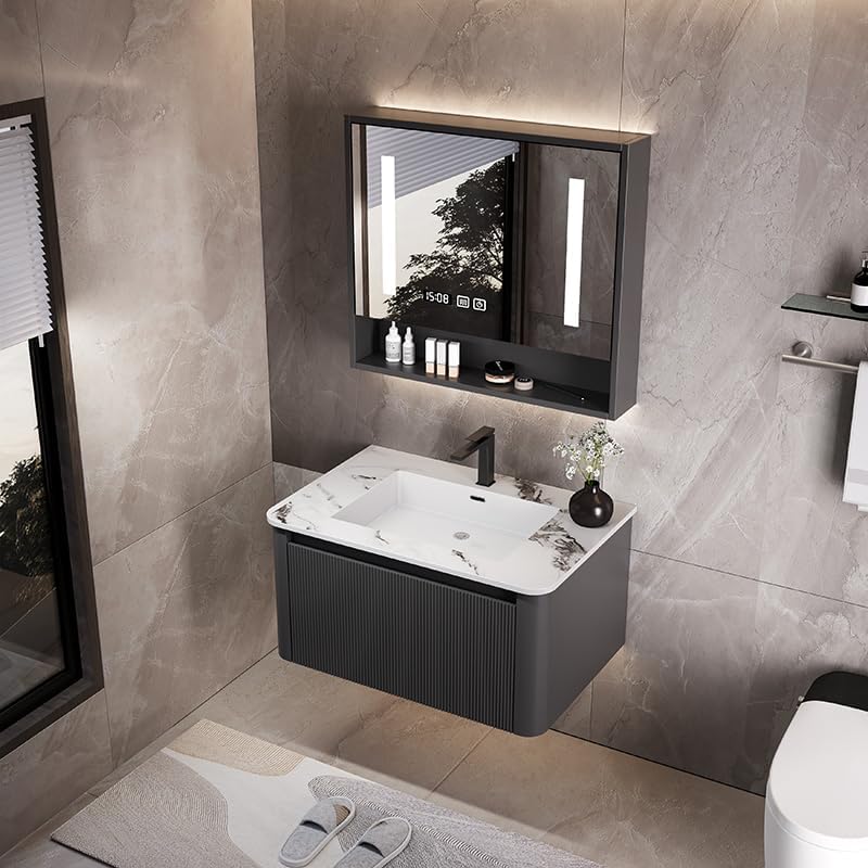 Bathroom Vanity Cabinet, 36" Bathroom Vanity with Sink & Intelligent Defog LED Mirror, Solid Wood Float Vanities, Wall-Mount Bathroom Cabinet with Drawer, Undermount Single Sink, Faucet, Drain(Black)