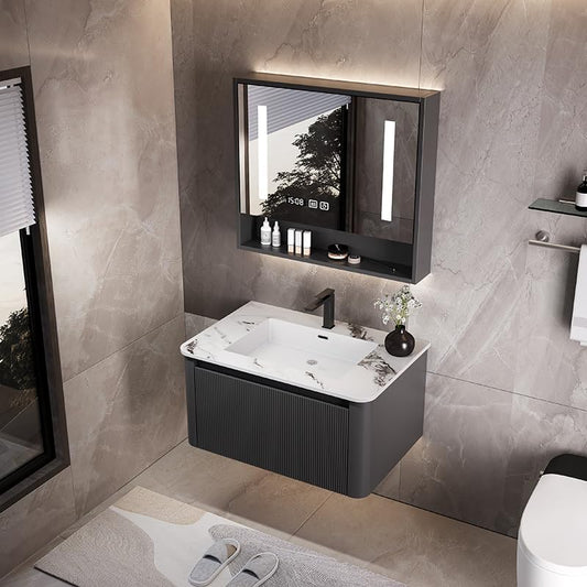 Bathroom Vanity Cabinet, 32" Bathroom Vanity with Sink & Intelligent Defog LED Mirror, Solid Wood Float Vanities, Wall-Mount Bathroom Cabinet with Drawer, Undermount Single Sink, Faucet, Drain(Black)