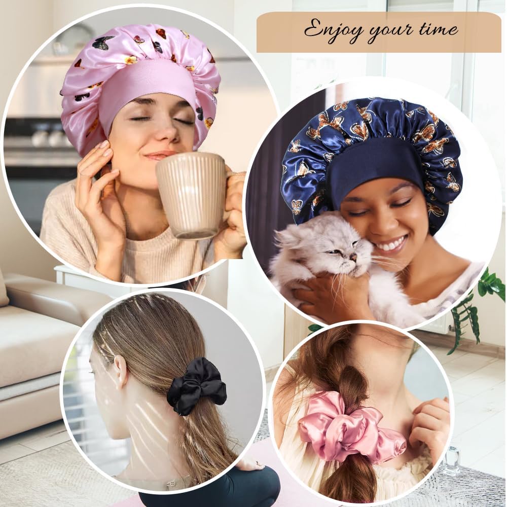 3+3 Large Satin Bonnets with Scrunchies for Women, Wide Band Hair Bonnet for Sleeping Braids Curly Hair