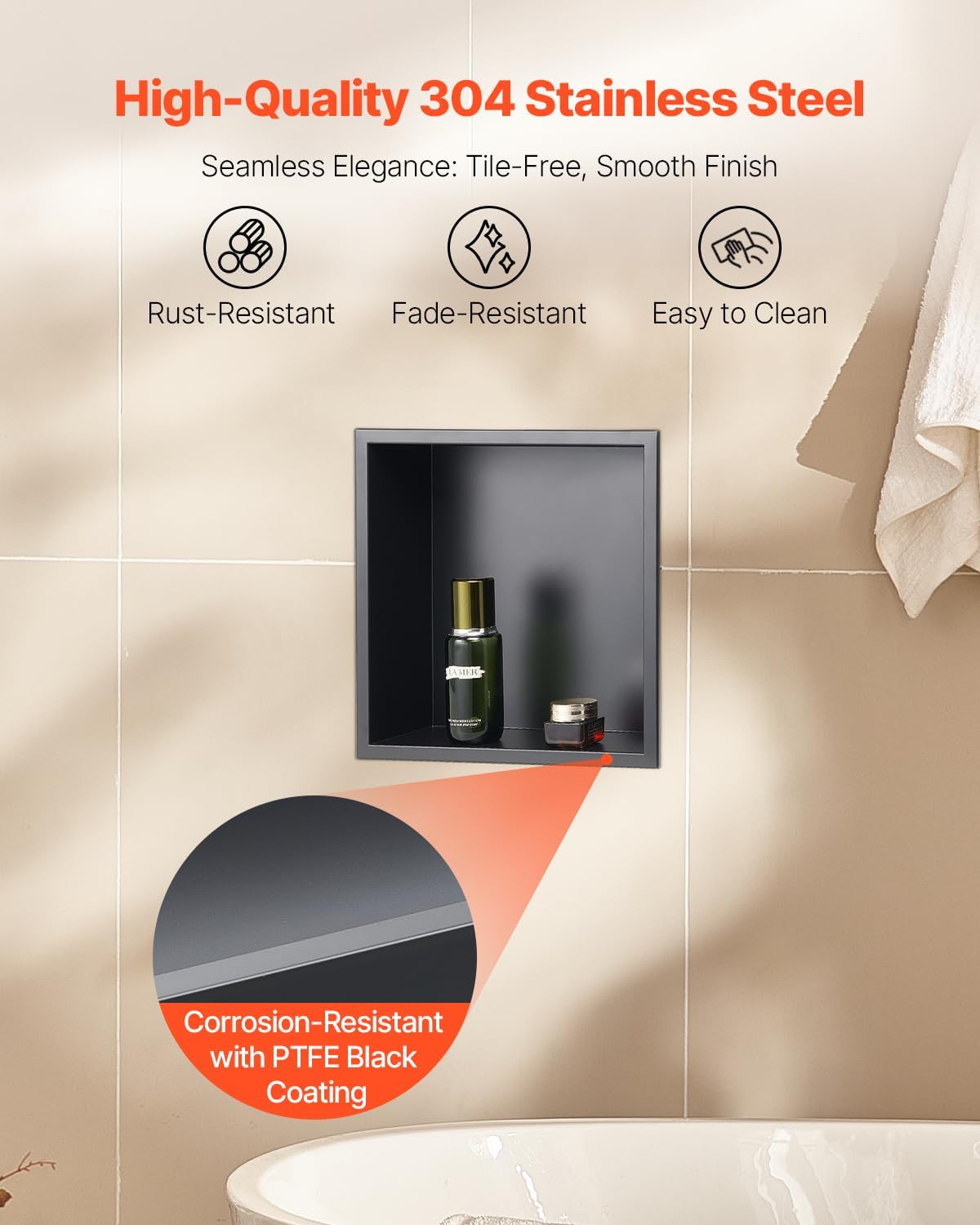VEVOR Shower Niche, 13 x 13 x 4 inch Recessed Wall Niche, Heavy-duty Stainless Steel Modern Soap & Shampoo Storage Organizer, Sealed Waterproof, Durable & Easy to Install,Black for Bathroom