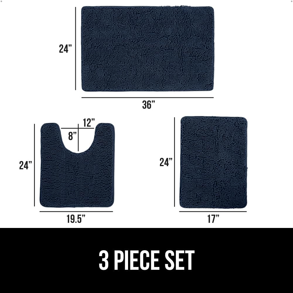 GORILLA GRIP Bathroom Rug Sets 3 Piece, Bath Mat Set and Oval Toilet Base with Rubber Backing, Plush Absorbent Shaggy Chenille Washable Mats, Includes 24x19.5, 24x17 and 36x24 Inch Rugs, Navy
