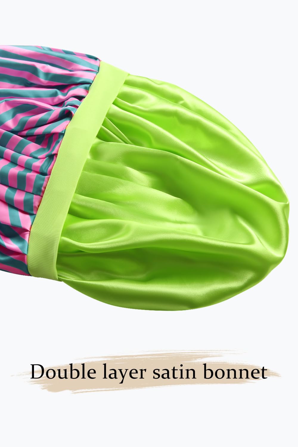 Floral Satin Bonnet For Sleeping Women Double Layer Pleated Design Adjustable Shower Cap For Curly Hair Pink Green Stripes