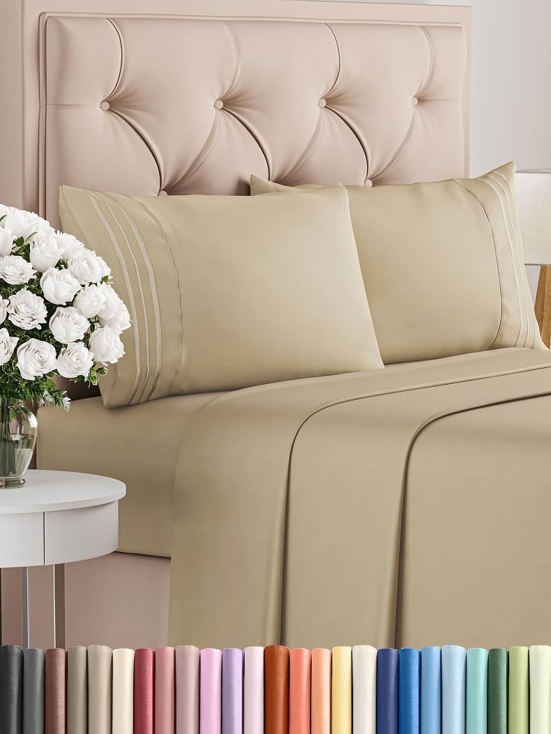 Queen Size 4 Piece Sheet Set - Comfy Breathable & Cooling Bed Sheets Set - Hotel Luxury Bedding for Women, Men, Kids, Teens, Boys & Girls - Deep Pockets, Ultra-Soft, Wrinkle Free - Oeko-Tex - Beige
