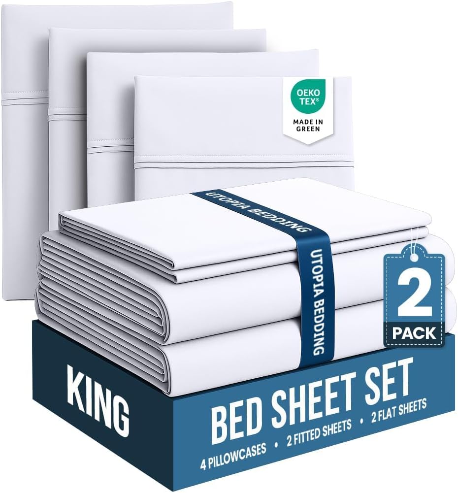 Utopia Bedding King Bed Sheets Set - Pack of 2 Sheet Sets - Perfect for Spa, Hotel, & Guest Bedroom - Brushed Microfiber - Shrinkage and Fade Resistant - Easy Care (White)