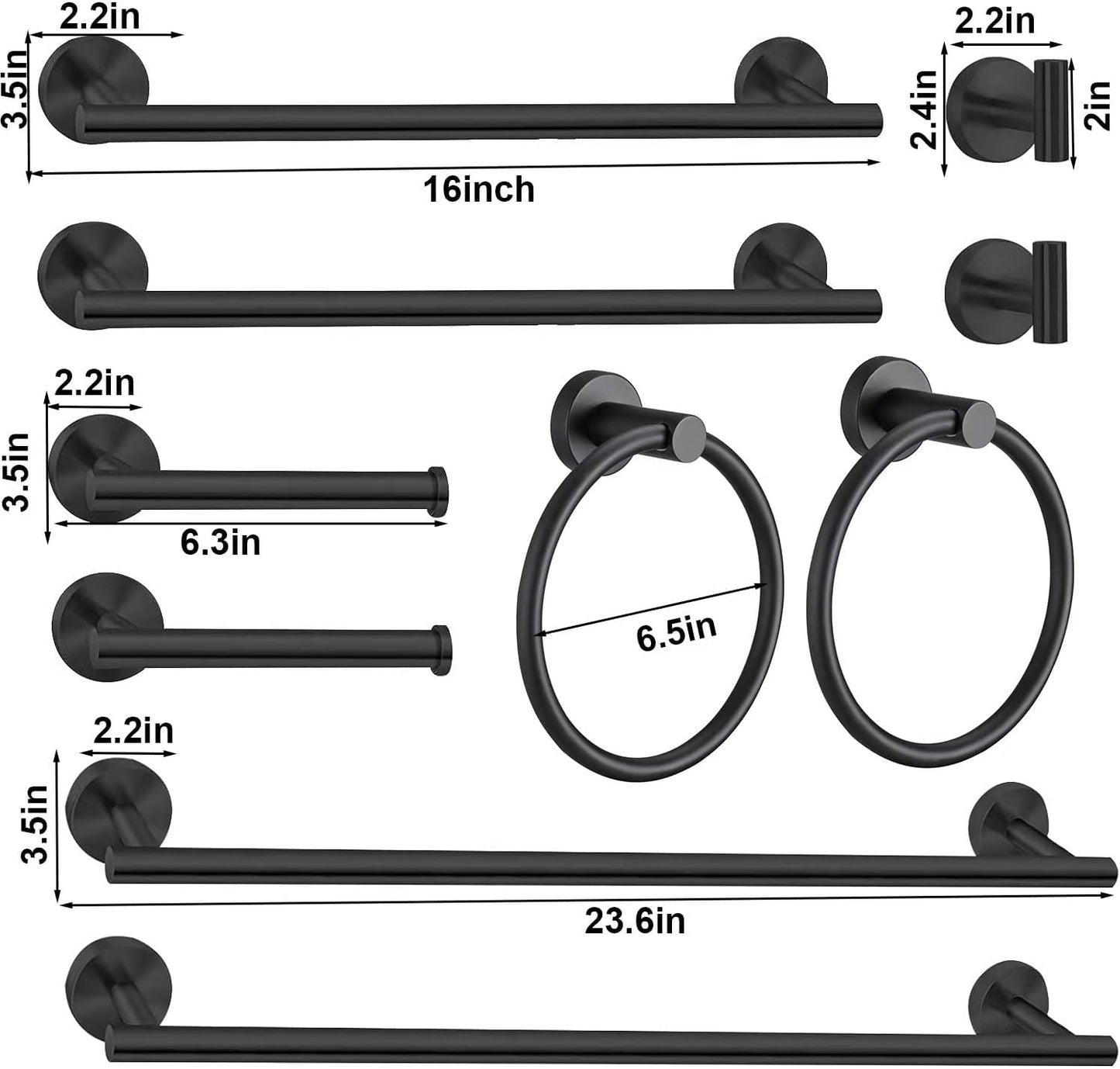 10Pcs Bath Towel Bar Set, Includes 23.6 & 16 Inch Towel Bars, Hooks, Rings & Toilet Paper Holder - Black