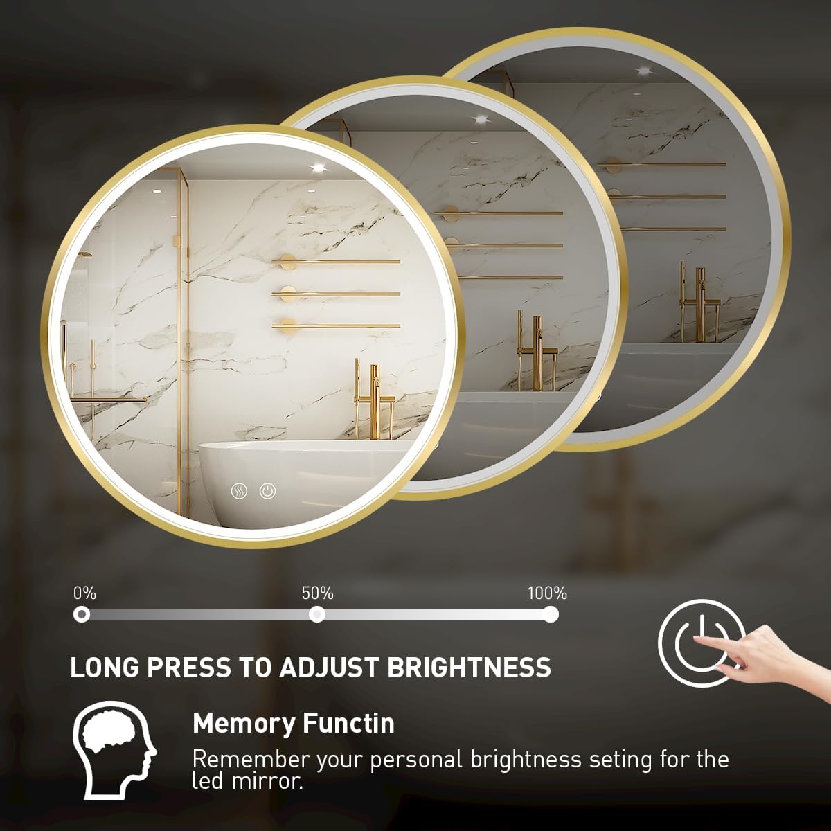 32" Round LED Bathroom Mirror, Dimmable Anti-Fog Vanity Mirror with Touch Control, 6000K Natural Light, Gold Metal Frame, Wall Mounted for Makeup Shaving (IP54, 90+ CRI)