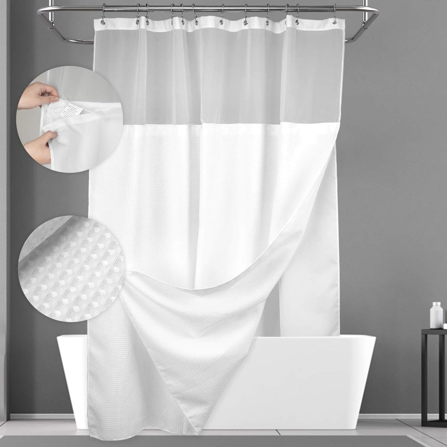 N&Y HOME Extra Long Waffle Weave Shower Curtain 96 Inch Length with Snap-in Fabric Liner & Metal Hooks Set - Hotel Style, Waterproof & Washable, Heavyweight Fabric & Mesh Top Window - 71"Wx96"L, White