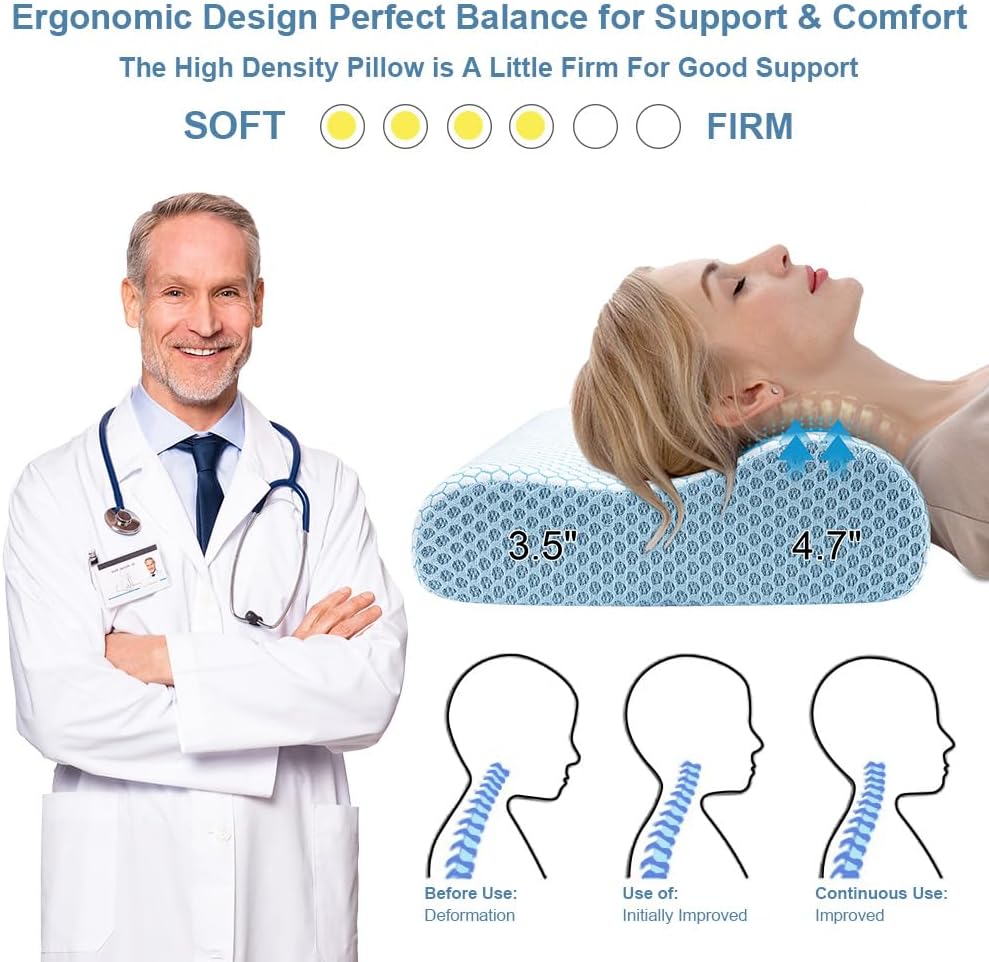 Anvo Memory Foam Pillow, Neck Contour Cervical Orthopedic Bed Pillow for Sleeping Side Back Stomach Sleeper, Ergonomic Design for Neck and Shoulder Pain Relief, Blue White, Firm